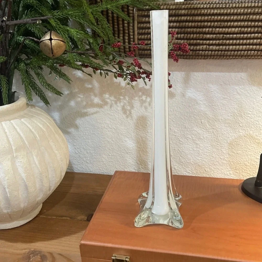 Bud Vase 12 Inch Tall Slender Cased Glass White Clear Star Base Mid Century